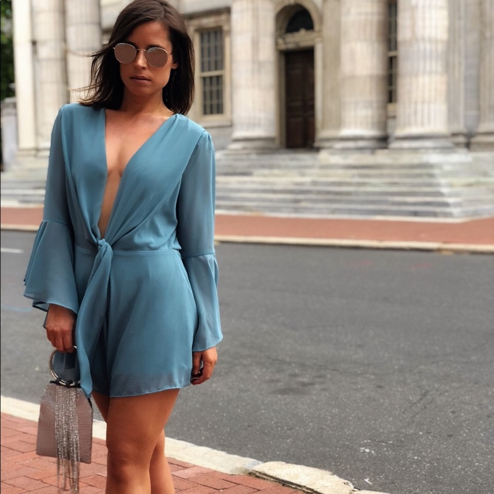 Last 1โจRegina Slate Green Tie Front Romper - Picture 2 of 8